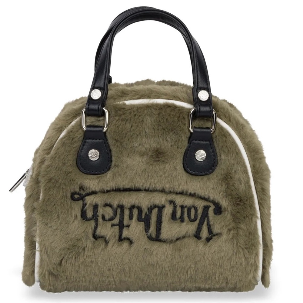 Von Dutch Olive Green Faux Fur Satchel with Black Handles